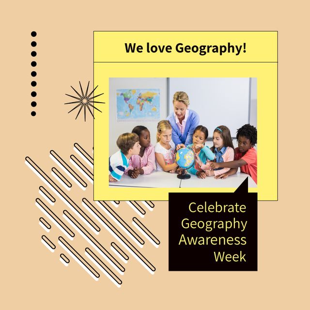 Image of we love geography over class of diverse pupils with globe. Geography awareness week, school and education concept.