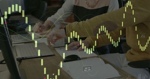 Business team analyzing financial data with candlestick chart overlay in office teamwork