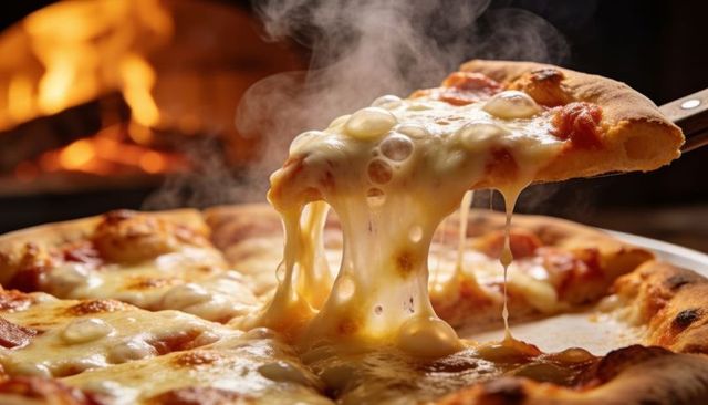 Melting mozzarella stretching from wood-fired pizza slice over hot rustic crust with steam