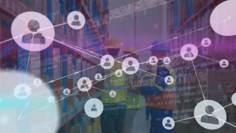 Connected Icons with Warehouse Workers Discussing Technology