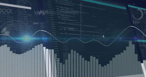 Displaying futuristic analytics dashboard with bar chart and glowing waveform overlay