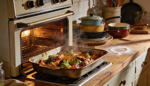 Rustic roasted vegetables steaming in vintage oven roasting pan on wood countertop