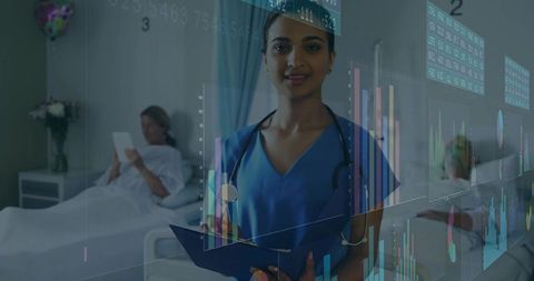 Nurse in blue scrubs reviewing digital patient data at bedside with tablet and charts