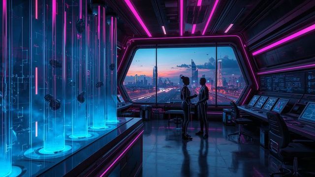 Technicians in Futuristic Neon Lab Overlooking Sci-Fi Cityscape