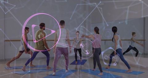 Leading instructor guiding group lunges in yoga studio with augmented reality overlay