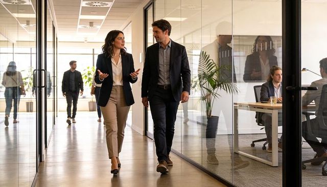 Business leaders walking and talking in modern glass office corridor showing teamwork