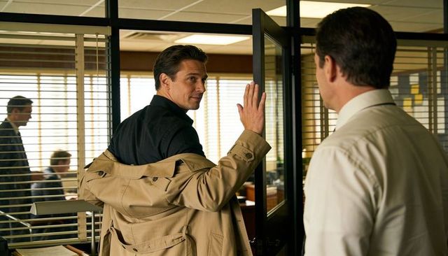 Waving businessman leaving office in tan trench coat through glass door with blinds