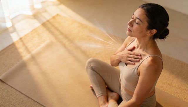 Woman practicing mindful breathing on sunlit yoga mat in minimal home interior