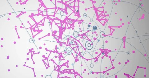 Magenta Node Clusters and Blue Hubs Forming Abstract Connectivity Network on Light Gray