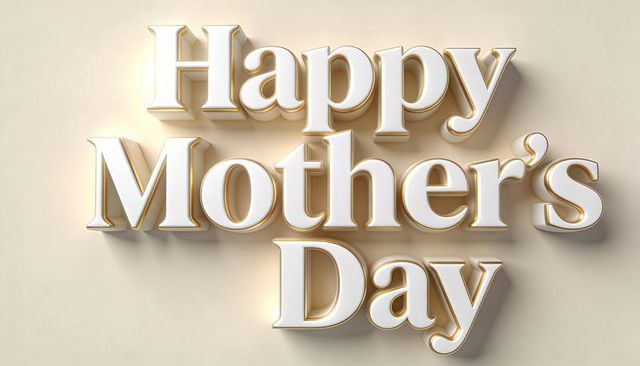 Elegant gold trim 3d happy mother's day typography with glossy beveled edges on soft beige backdrop