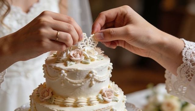 Placing Lace-Sleeved Hands Decorating Ornate Topper on Romantic Two-Tier Wedding Cake