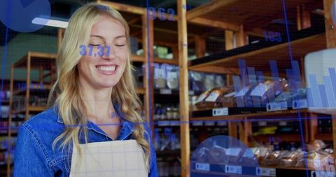Smiling artisan baker wearing apron at wooden bread shelves with data analytics overlays