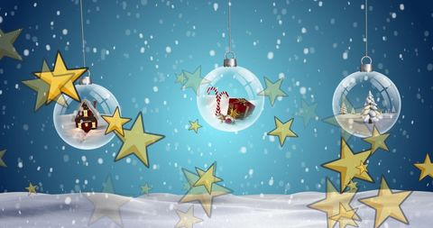Christmas Ornaments with Festive Winter Scenery and Snowflakes