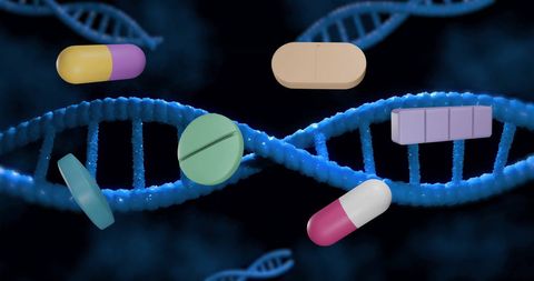 Colorful Medication Pills Overlaying Strands of DNA
