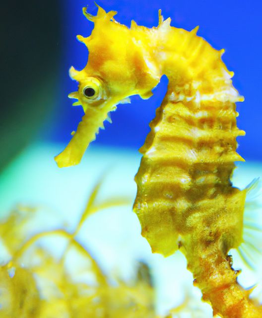 Depicts a close-up of a vibrant yellow seahorse in its underwater environment. Perfect for educational materials about marine biology, oceanic life, and exotic sea creatures. Suitable for use in aquariums, nature documentaries, children's educational content, and environmental conservation projects.