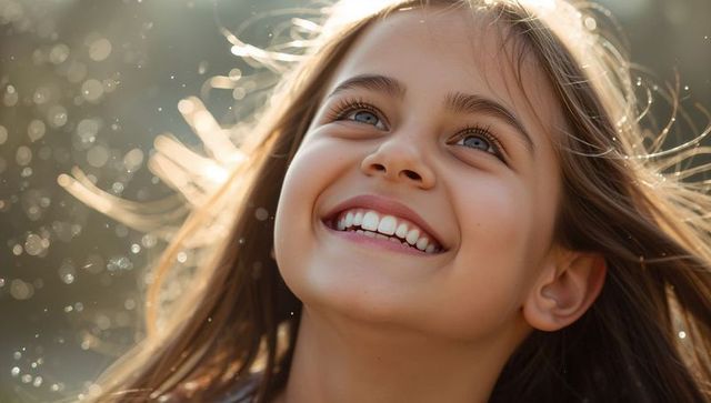 Smiling preteen girl lifting face toward sky, sunlit hair, golden bokeh portrait