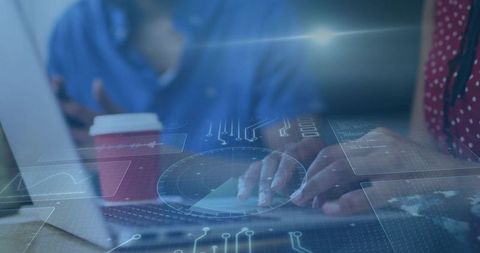 Hands typing on laptop with holographic interface overlay for teamwork and data insights