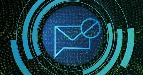 Futuristic Neon Mail Alert HUD with Binary Code, Digital Envelope Icon, Cyber Interface