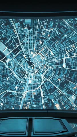 Rotating city blueprint display with lowering robotic arm scanning urban digital interface