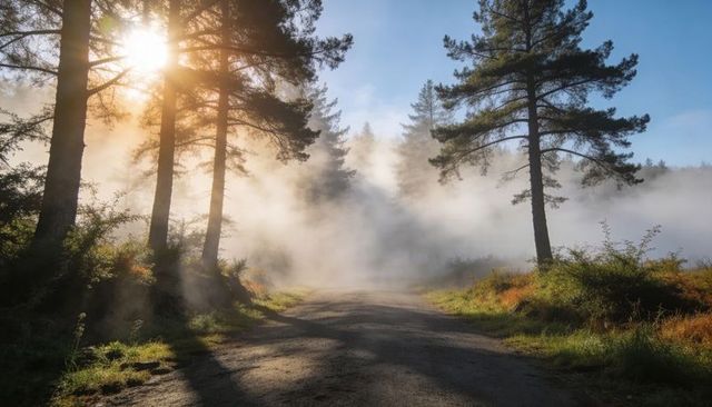 Sunlit misty pine trail winding dirt road through foggy forest during golden morning