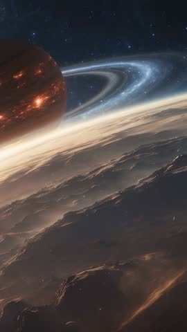 Vertical Space Video Showing Red Gas Giant Emerging Over Rocky Planet Casting Molten Glow