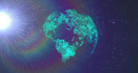 Neon Wireframe Globe Connecting Continents with Digital Network Lines in Deep Space