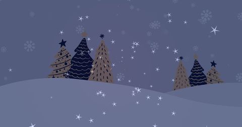 Christmas Trees with Snowflakes and Stars in Winter Scene