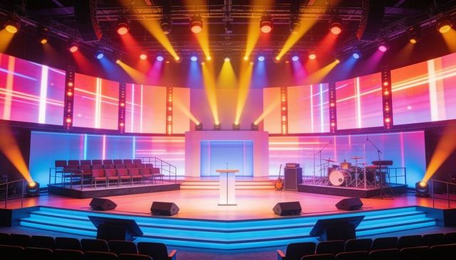 Vibrant concert stage with led video wall, lit podium and live band setup