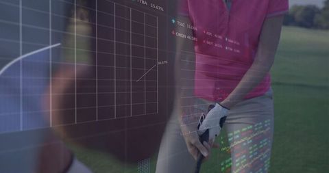 Woman Preparing Golf Swing Amid Financial Chart Graphics