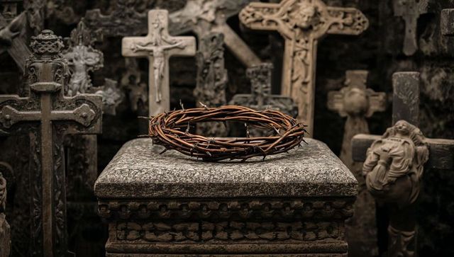 Crown of thorns resting on weathered stone altar surrounded by crosses and monuments