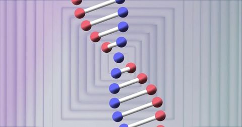 Twisting dna-like double helix floating through abstract 3d tunnel with lavender orbs