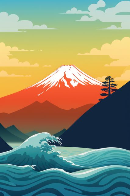 Illustration depicting vibrant sunset behind majestic mountain, with rolling waves in foreground and silhouetted tree. Ideal for travel brochures, nature-themed designs, or serenity presentations.