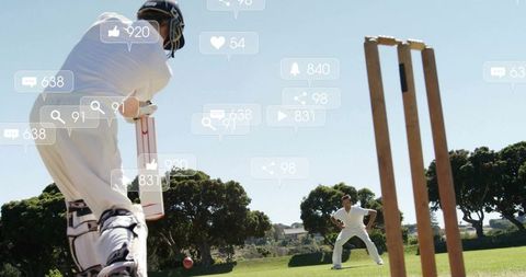 Cricket Player Batting Skillfully with Social Media Icons Overlay