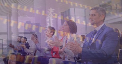 Financial Data Overlay on Focused Business Team in Office