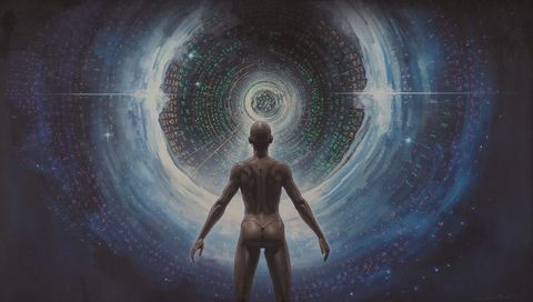 Androgynous Figure Stepping Into Digital Vortex Surrounded by Streaming Code