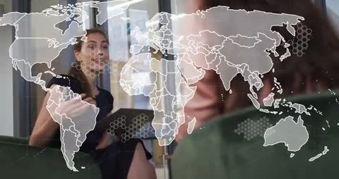 Business Interview with World Map Digital Overlay