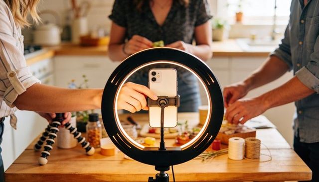 Creators recording cooking tutorial with ring light and smartphone on kitchen countertop