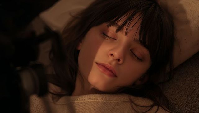 Resting woman bathed in warm light, closeup portrait of tranquil sleep and cozy comfort