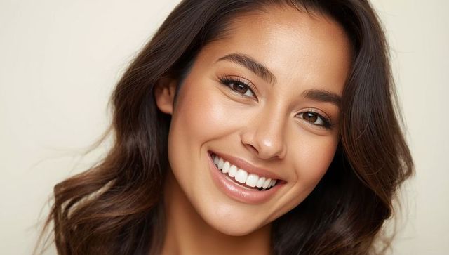 Smiling adult woman with smooth skin and natural makeup in studio