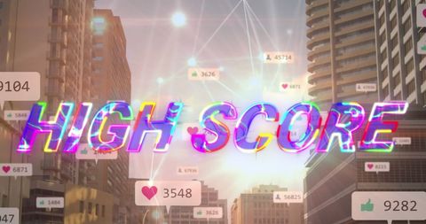 High Score and Social Media Icons Overlay Urban Cityscape - Download Free Stock Images Pikwizard.com