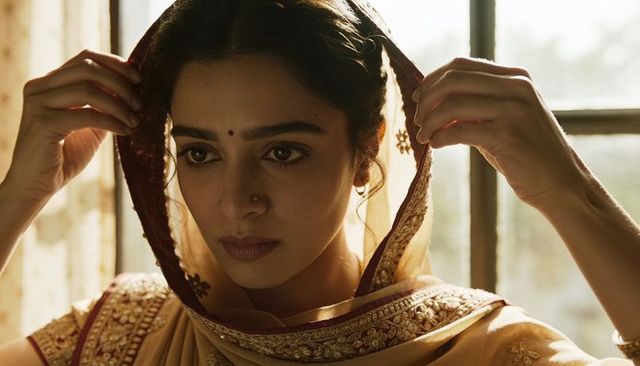 Adjusting embroidered dupatta over head indian woman in warm window light, closeup portrait
