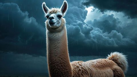 Solitary brown llama in dramatic moonlit rainstorm