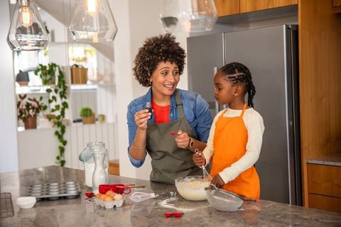 Joyful Mother and Daughter Baking Together at Home Kitchen
