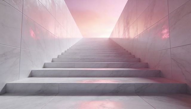 Ascending Marble Staircase Bathed in Pink Light Minimalist Symmetrical Architecture