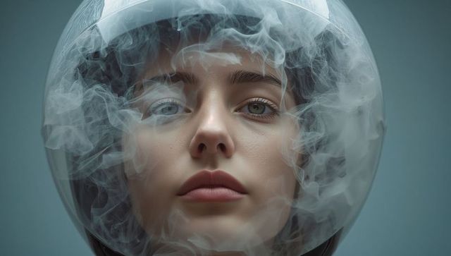 Staring light-skinned woman wearing clear dome helmet with vapor, futuristic portrait