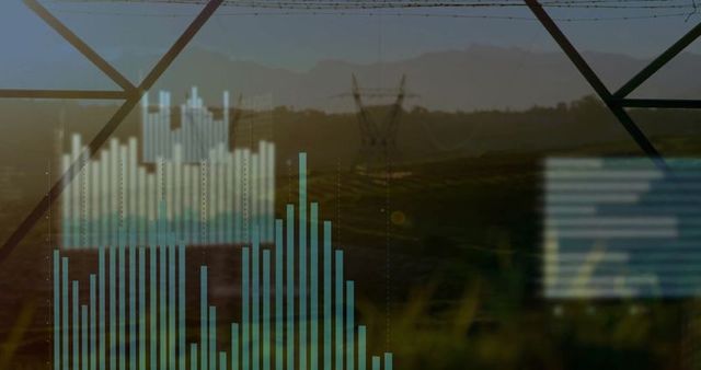 Transmission towers with data overlay in rural landscape