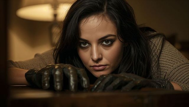 Moody brunette leaning on table with leather gloves resting, lamp glowing, intense closeup gaze