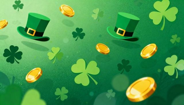 St patrick's day festive shamrocks scattering gold coins and floating leprechaun hats