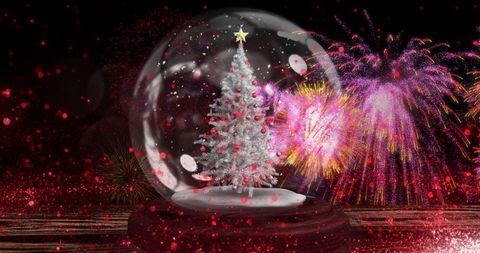 Festive christmas tree in snow globe with colorful fireworks display