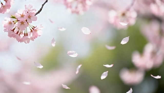 Cherry blossom petals drifting in soft spring breeze with pastel bokeh and delicate blooms